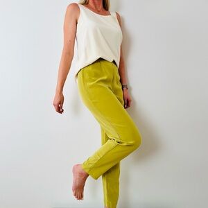 Vintage Josephine Chaus Green 100% Silk Chinos Tailored Straight Leg Pants